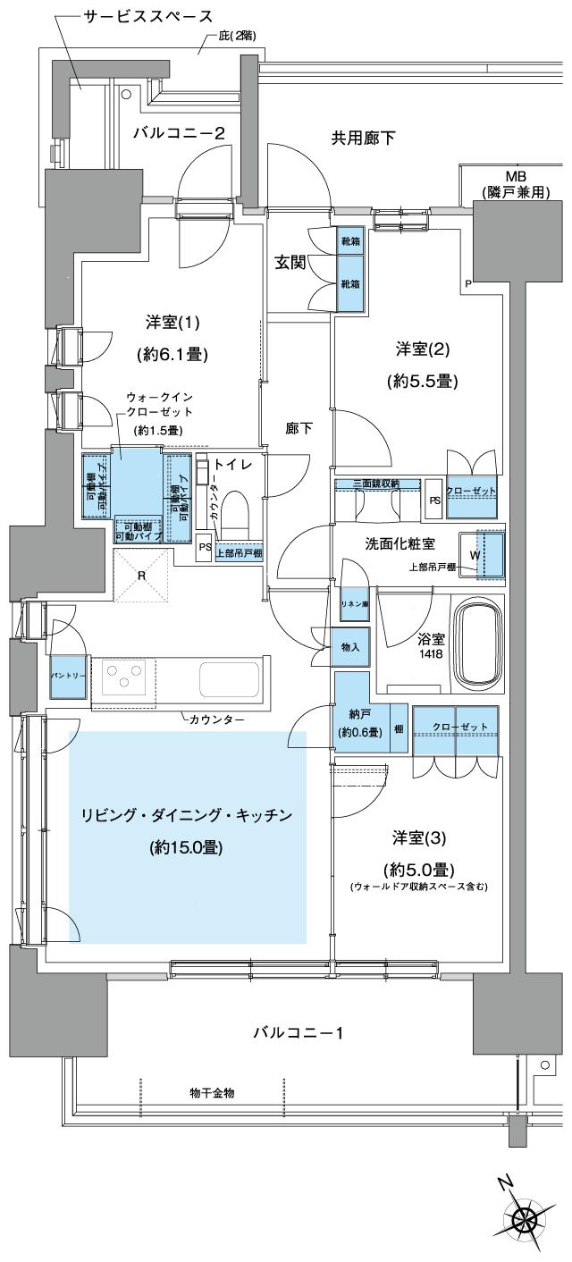 プラウド川崎アベニューの間取り図　A：3LDK+N+WIC