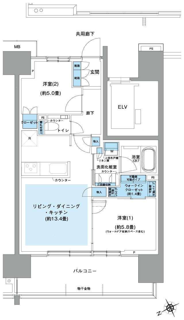 プラウド川崎アベニューの間取り図　E：2LDK+WIC