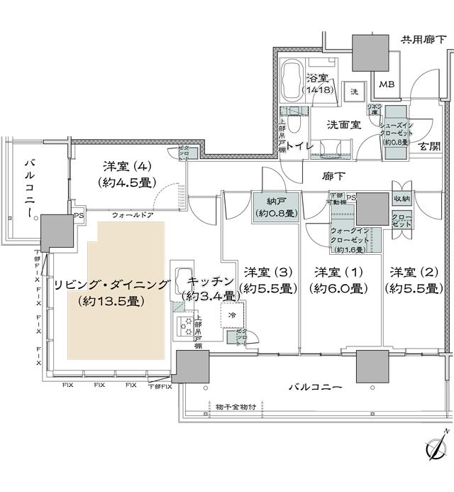 リーフィアタワー海老名クロノスコートの間取り図　90A：4LDK+WIC+SIC+N