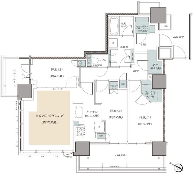 リーフィアタワー海老名クロノスコートの間取り図　75B：3LDK+N+WIC+SIC