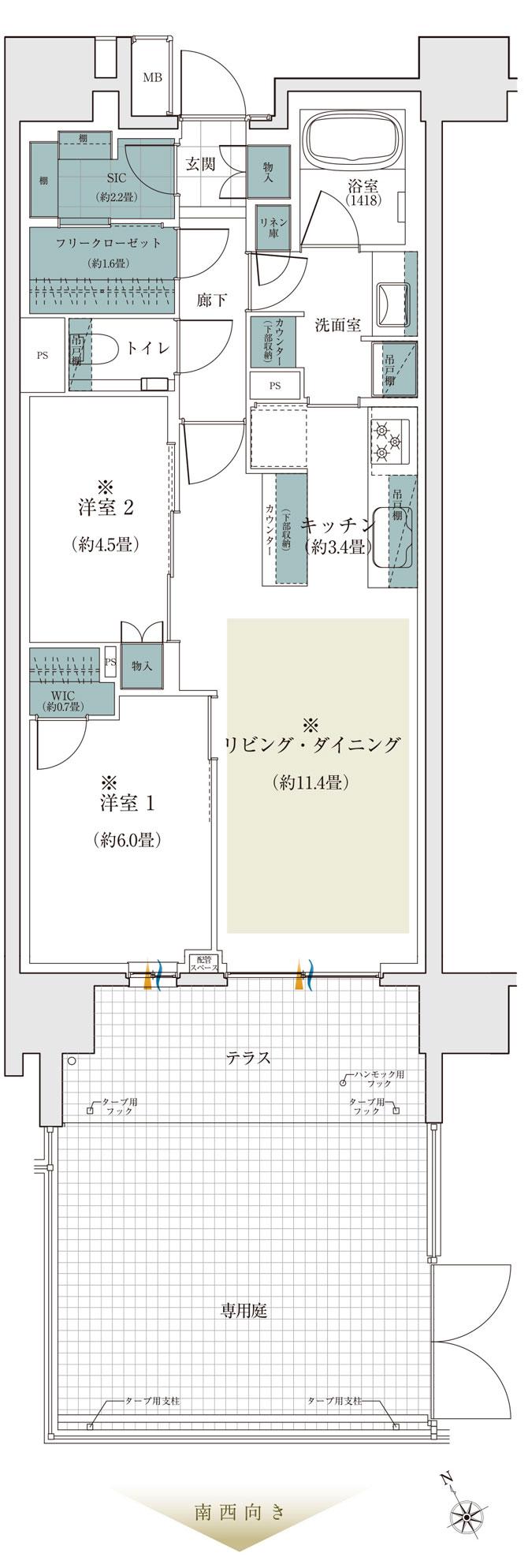 ザ・パークハウス 門前仲町の間取り図　S-65Ag：2LDK+WIC+SC+FC