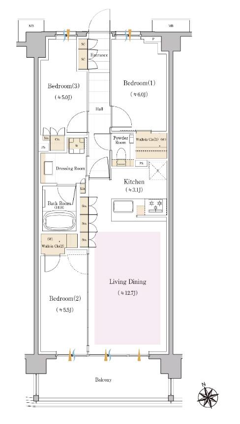 クラッシィハウス中野新井薬師前の間取り図　H：3LDK+2WIC