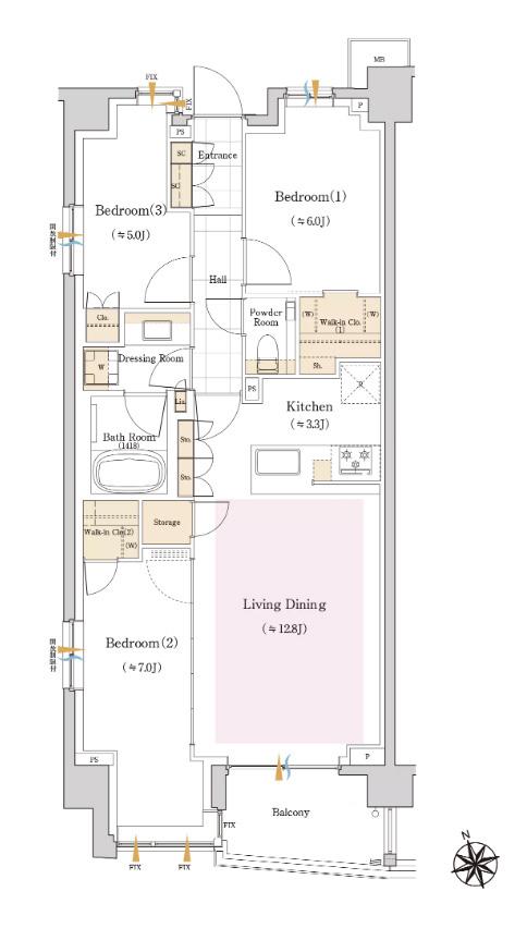 クラッシィハウス中野新井薬師前の間取り図　G：3LDK+2WIC+St