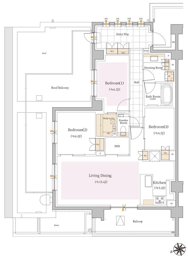 クラッシィハウス中野新井薬師前の間取り図　Cr：3LDK+DEN+WIC+エントリーウェイ