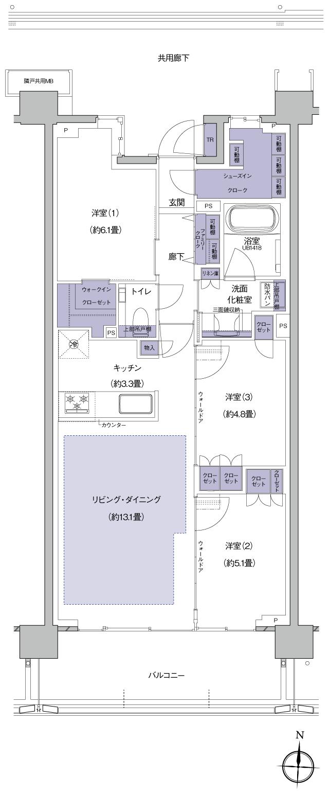 プラウド横浜新子安の間取り図　H：3LDK+FC+WIC+SIC