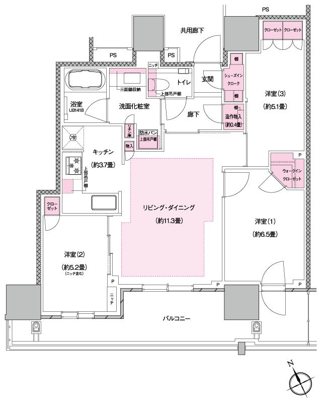 プラウドタワー小岩フロントの間取り図　B1：3LDK+N+WIC+SIC