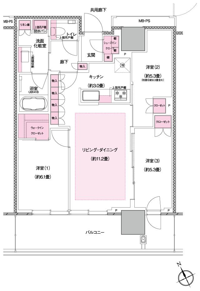 プラウドタワー小岩フロントの間取り図　D3：3LDK+WIC+SIC