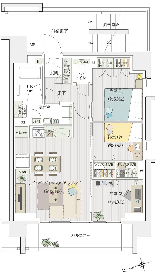イニシア町屋ステーションサイトの間取り図　G：3LDK