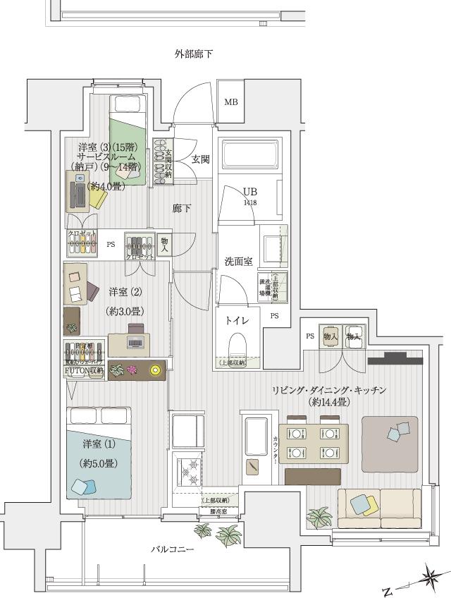 イニシア町屋ステーションサイトの間取り図　Q(9～14階)：2LDK+S