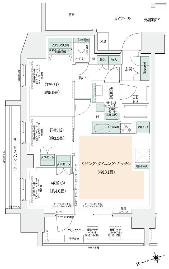 イニシア町屋ステーションサイトの間取り図　A(3～15階)：3LDK