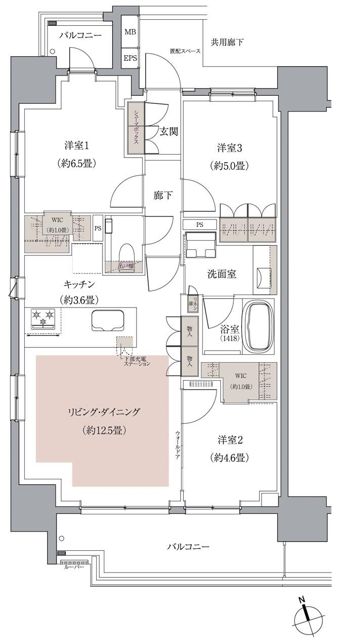 ザ・パークハウス 船橋レジデンスの間取り図　F：3LDK+2WIC