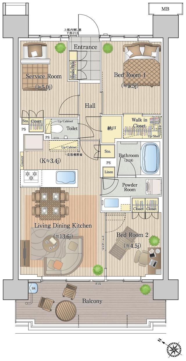 エステムコート八王子高尾の間取り図　D1：2LDK+S+WIC+N