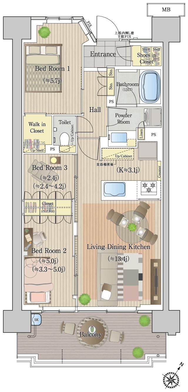 エステムコート八王子高尾の間取り図　J：3LDK+WIC+SIC+ウゴクロ