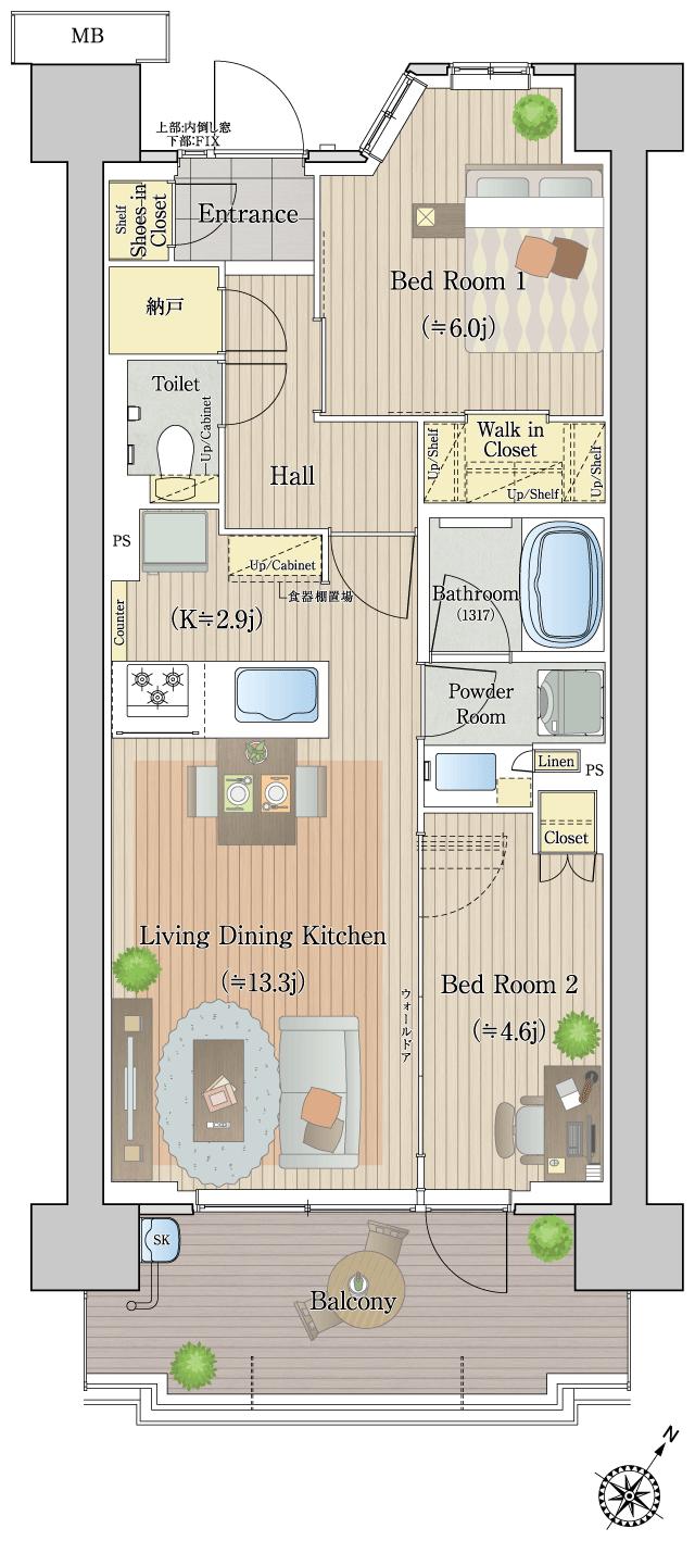 エステムコート八王子高尾の間取り図　I：2LDK+WIC+SIC+N