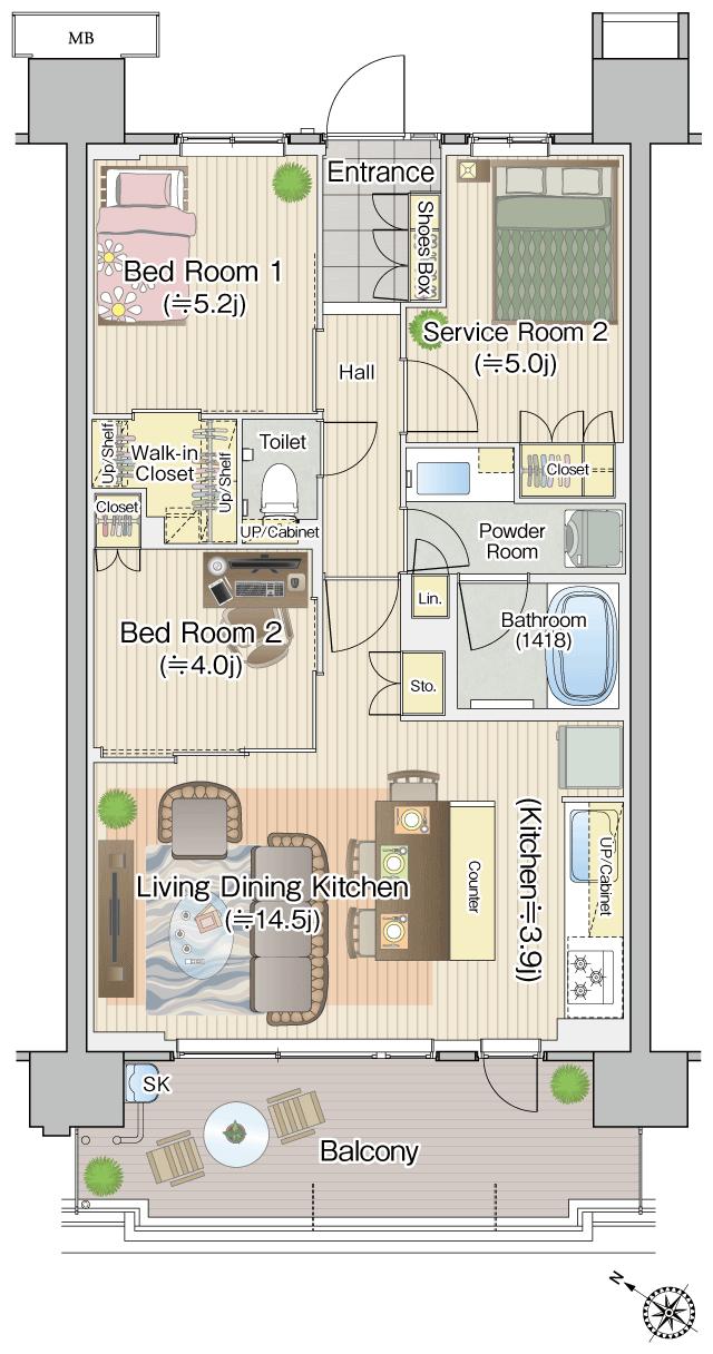 エステムコート八王子高尾の間取り図　C：2LDK+S+WIC