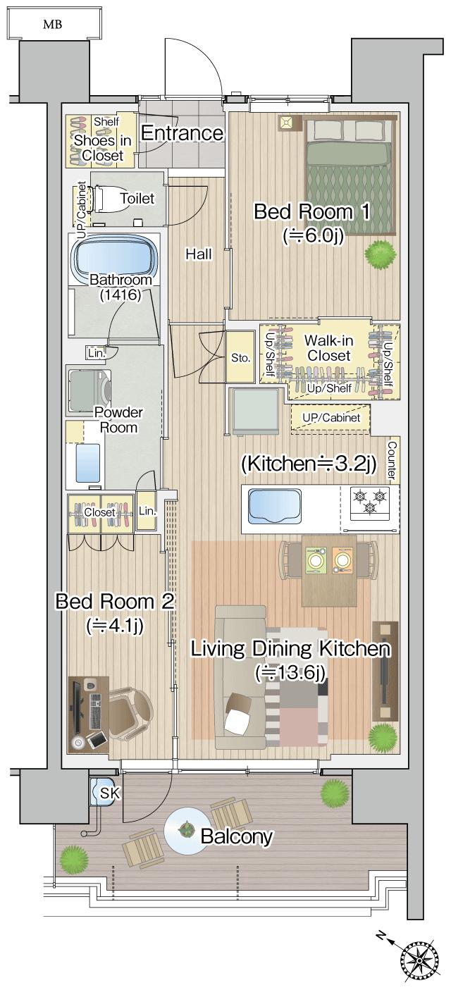 エステムコート八王子高尾の間取り図　G：2LDK+WIC+SIC