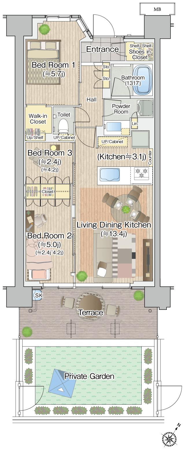 エステムコート八王子高尾の間取り図　Jg：3LDK+WIC+SIC+ウゴクロ