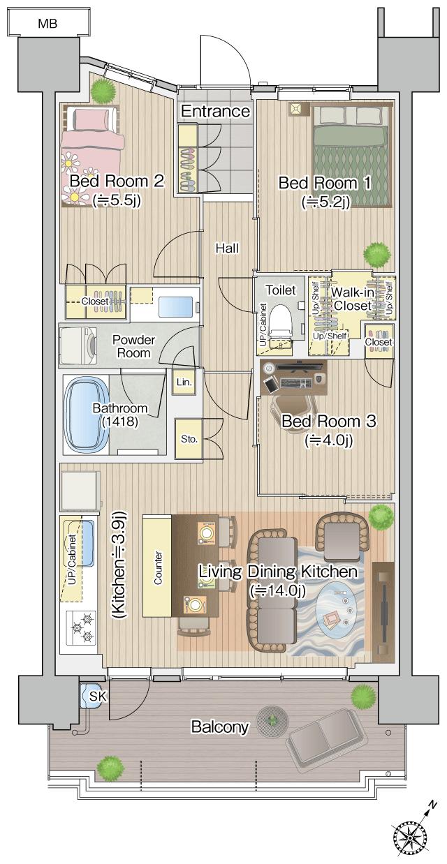 エステムコート八王子高尾の間取り図　K：3LDK+WIC
