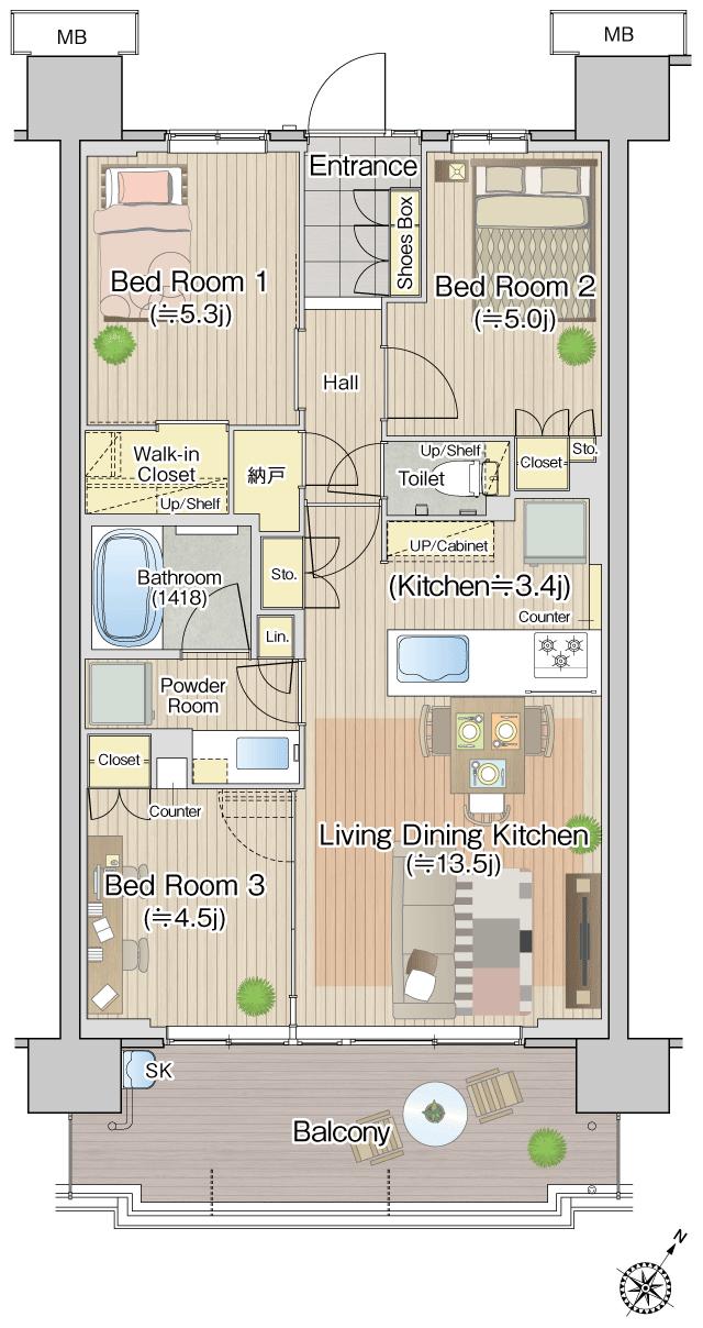 エステムコート八王子高尾の間取り図　M：3LDK+WIC+N