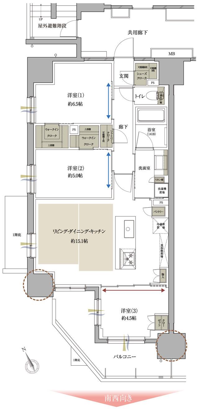 サンクレイドル葛西ステーションウィズの間取り図　A：3LDK+2WIC+SC+FC