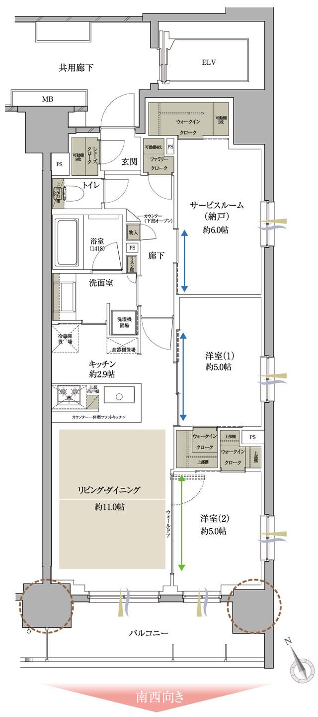 サンクレイドル葛西ステーションウィズの間取り図　B：2LDK+S+3WIC+SC+FC
