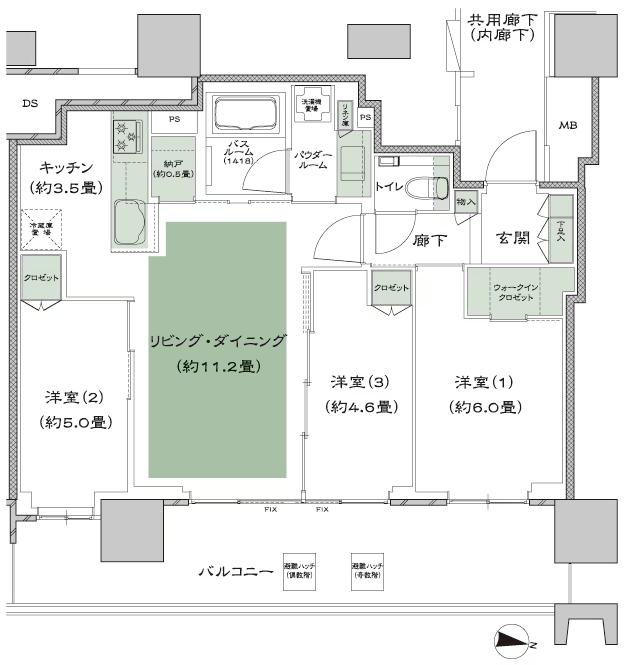 シティタワーズ板橋大山ノースタワー／サウスタワーの間取り図　S-H：3LDK+N(納戸)+WIC(ウォークインクロゼット)
