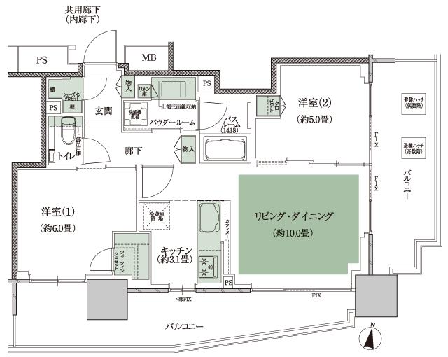 シティタワーズ板橋大山ノースタワー／サウスタワーの間取り図　N-C：2LDK+WIC(ウォークインクロゼット)+SIC(シューズインクロゼット)