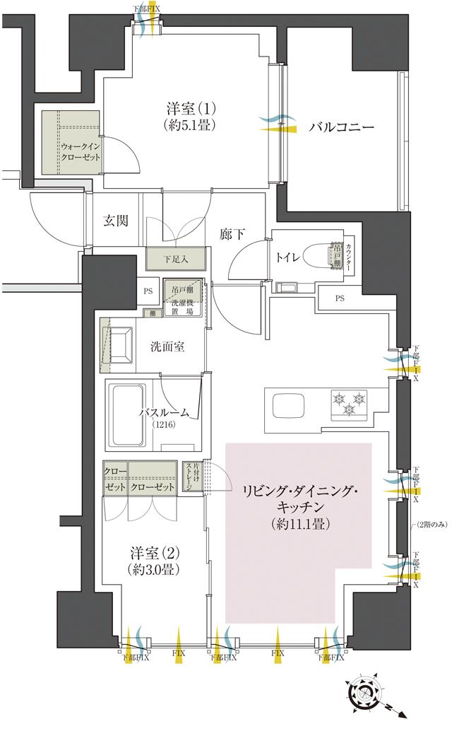 クリオ日本橋人形町の間取り図　C：2LDK+WIC