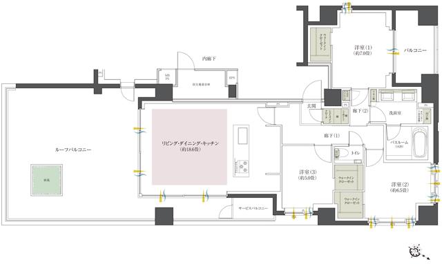 クリオ日本橋人形町の間取り図　F：3LDK+3WIC+SIC