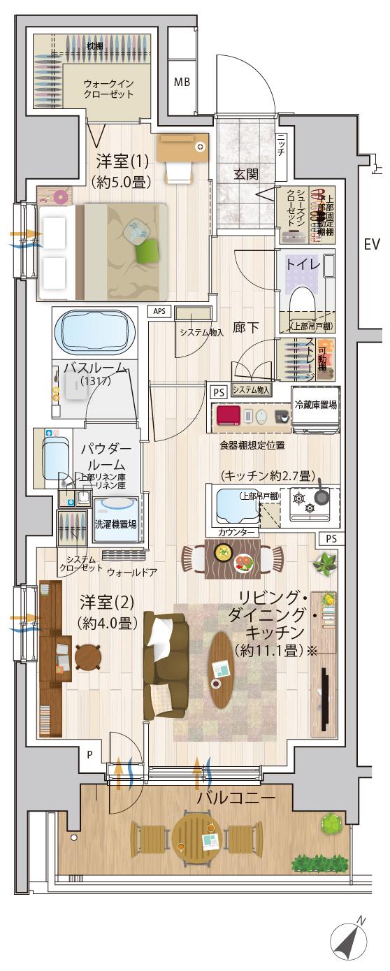 エクセレントシティ西横濱駅前の間取り図　A(11F)：2LDK+WIC+ST+SIC