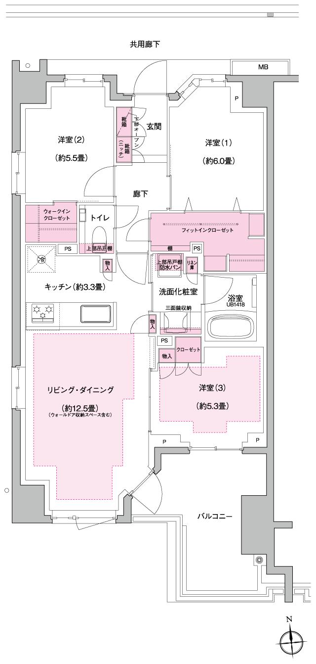 プラウド府中晴見町の間取り図　F：3LDK+WIC+FIC