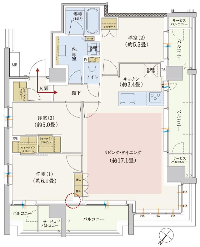 シュロスガーデン千葉の間取り図　A：3LDK+2WIC+SIC