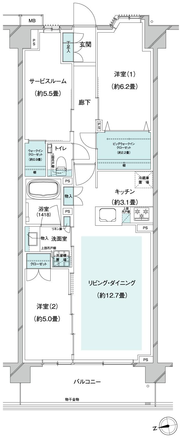 クレストフォルム横浜踊場の間取り図　B-Gs：2LDK+S(サービスルーム[納戸])+BW+WIC
