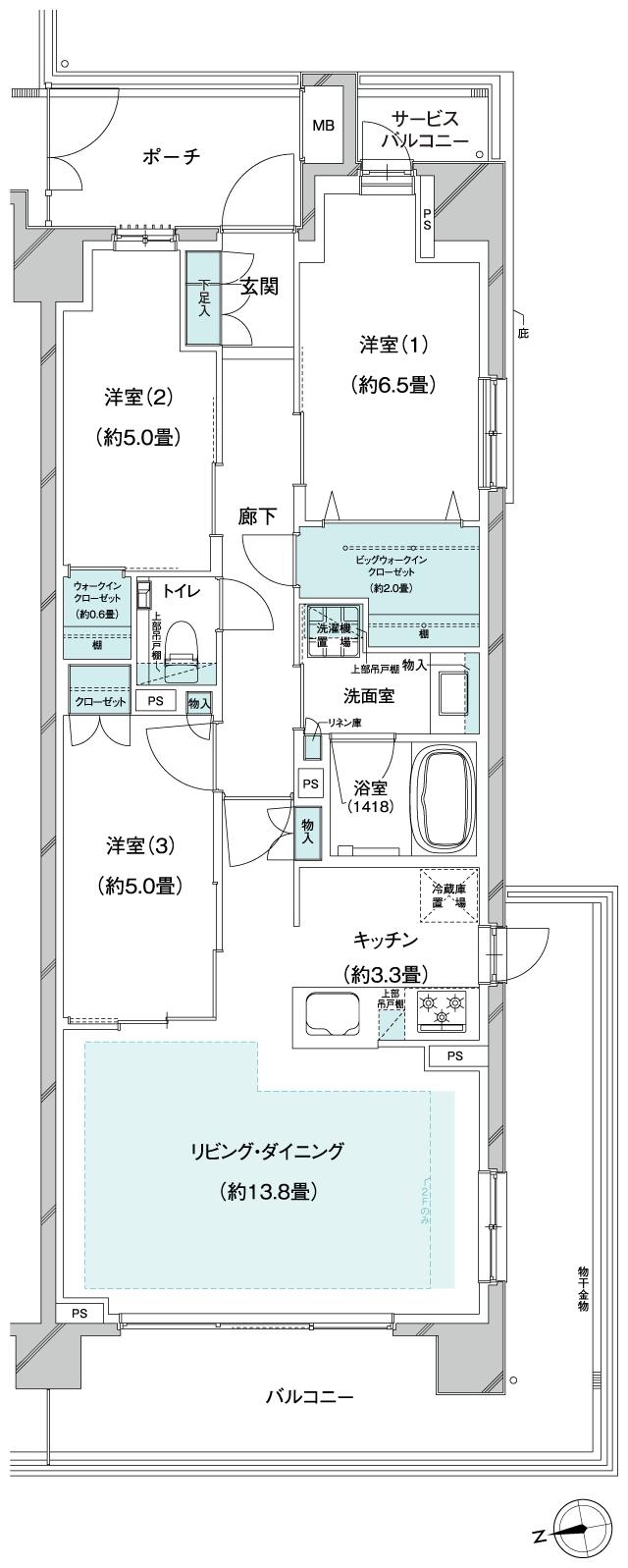 クレストフォルム横浜踊場の間取り図　B-I：3LDK+BW+WIC