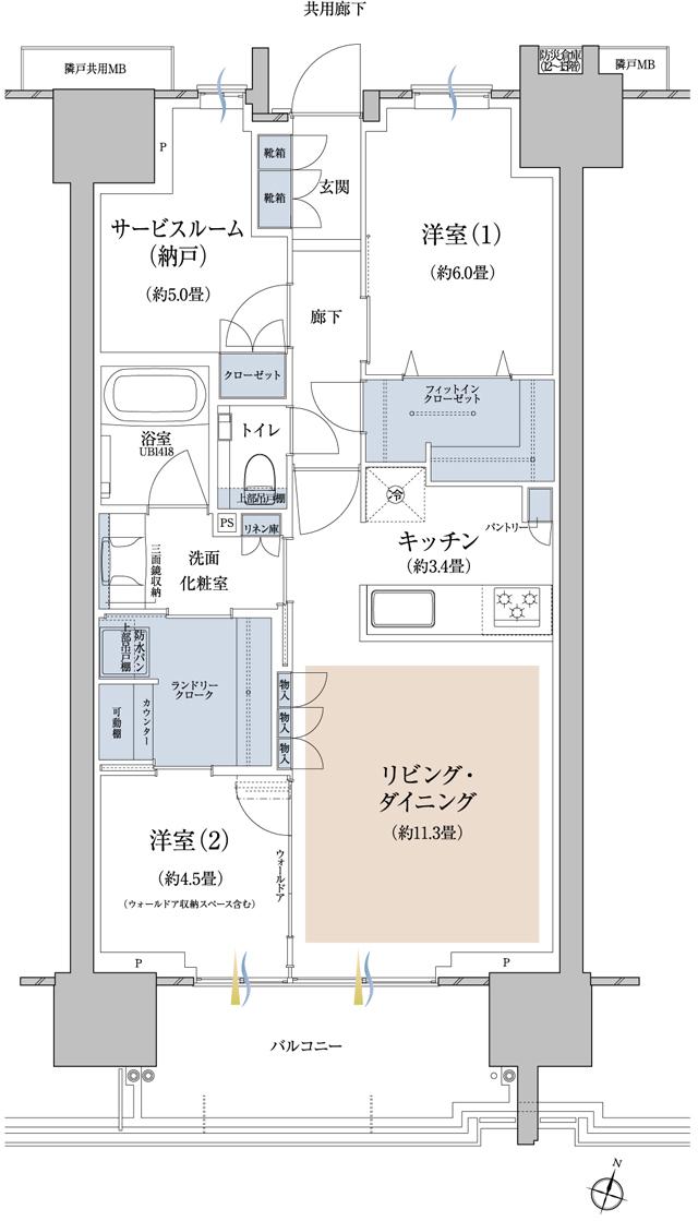プラウド高津の間取り図　B：2LDK+S(サービスルーム[納戸])+FIC+LC