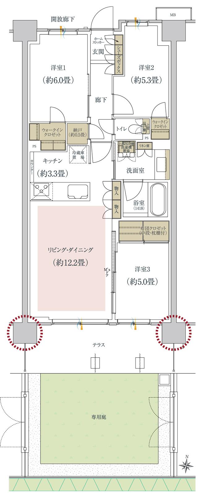 GREEN TOKYO PROJECT / クロスアリーナ玉川上水の間取り図　A7g：3LDK+N+2WIC