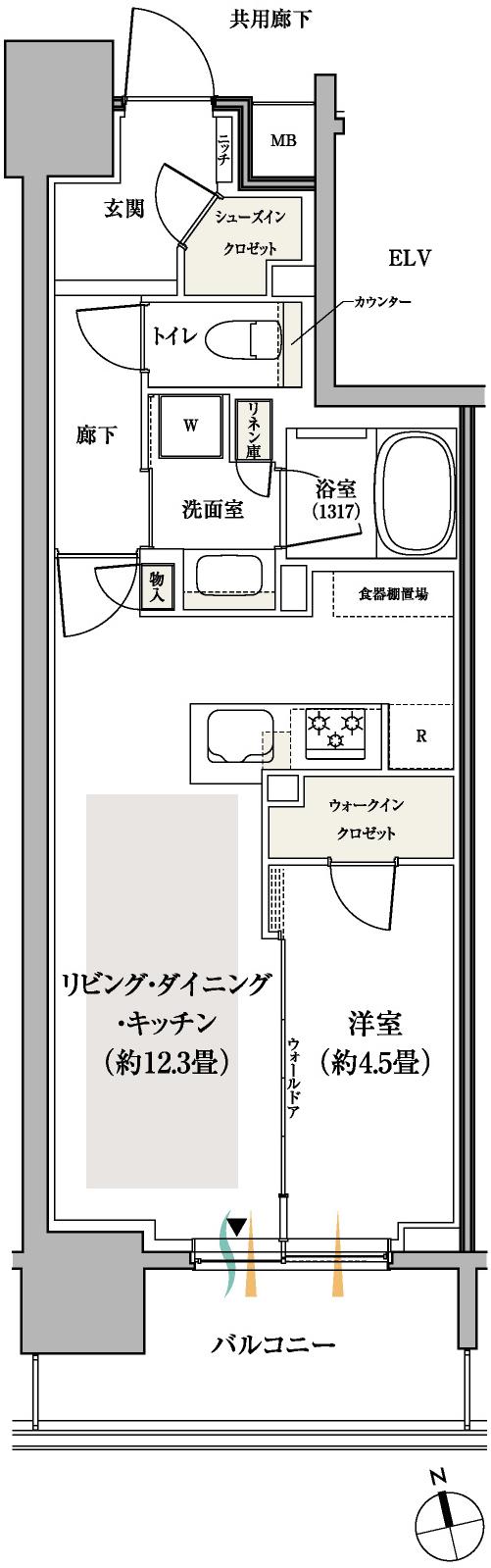 パークホームズ船橋の間取り図　45B：1LDK+WIC+SIC