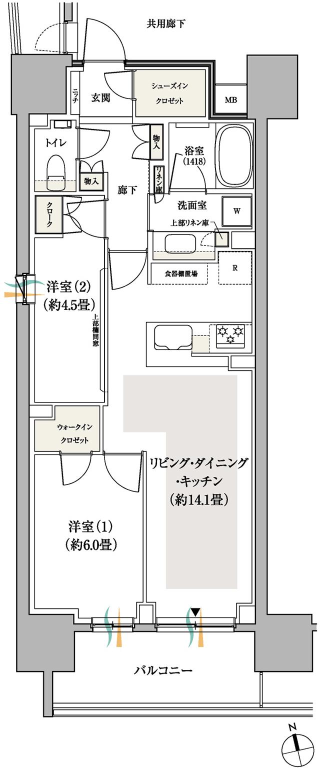 パークホームズ船橋の間取り図　60A：2LDK+WIC+SIC