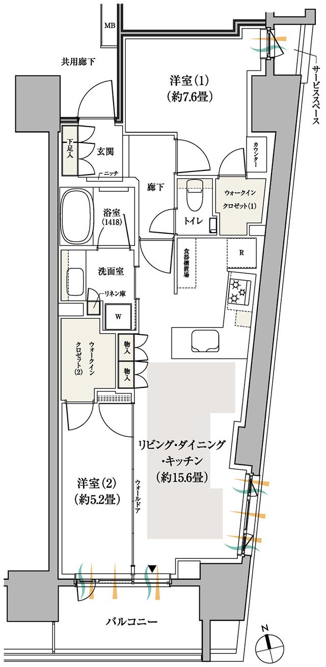 パークホームズ船橋の間取り図　65D：2LDK+2WIC