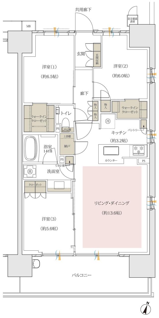 アネシア南六郷の間取り図　H：3LDK+2WIC+N
