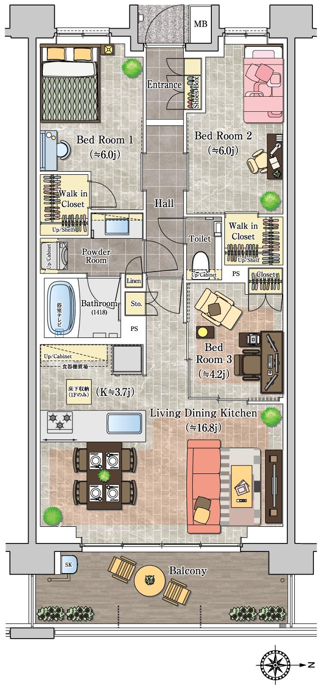 エステムコートグラン朝霞台の間取り図　I：3LDK+2WIC