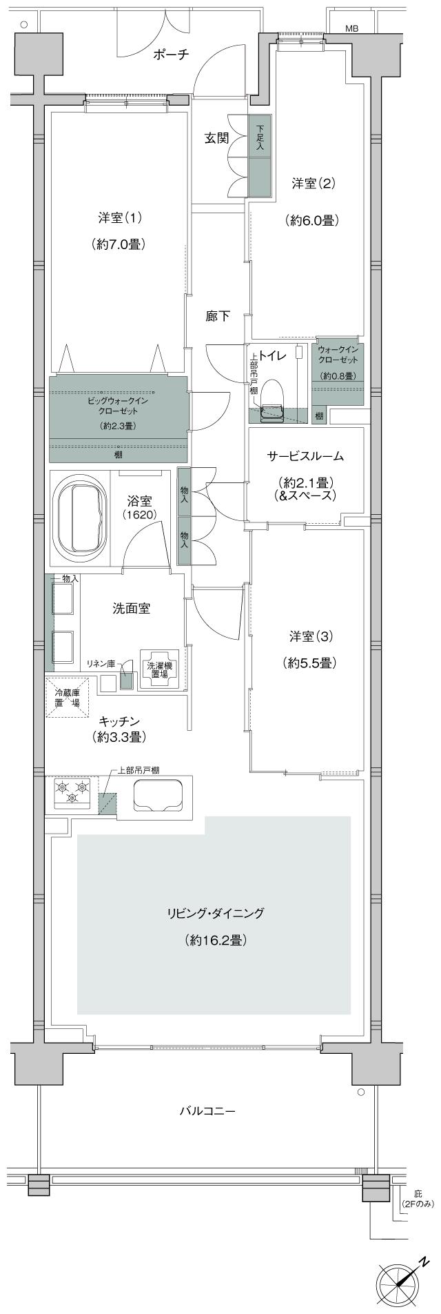 クレストレジデンス横浜汐見台パークフロントの間取り図　B-E：3LDK+S(サービスルーム[納戸])+BW+WIC