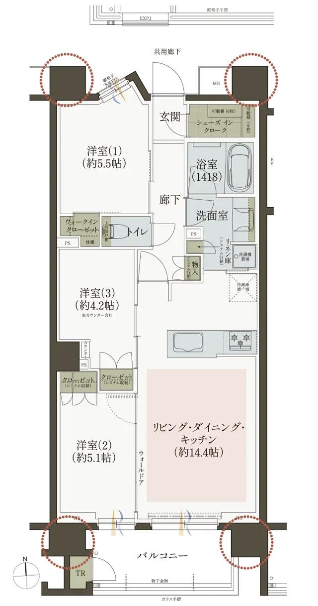 レ・ジェイド葛西イーストアベニューの間取り図　F：3LDK+WIC+SIC