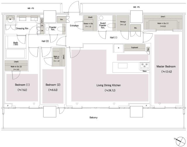 パークコート麻布十番東京 ザ タワー ノース／ザ タワー サウスの間取り図　N128sw：3LDK+3WIC+SIC+S