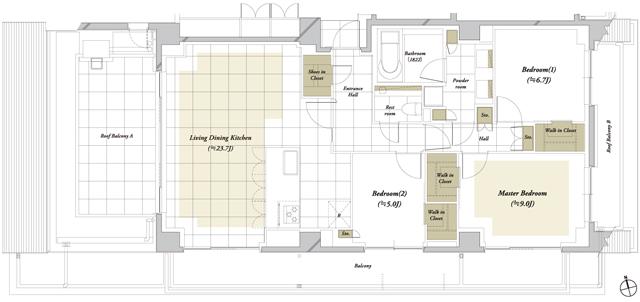 ディアナコート四谷の間取り図　E：3LDK+3WIC+SIC
