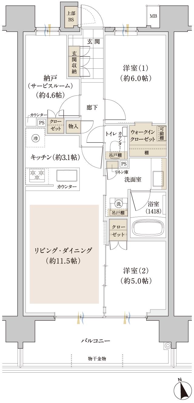 アネシア北浦和の間取り図　B2：2LDK+S+WIC