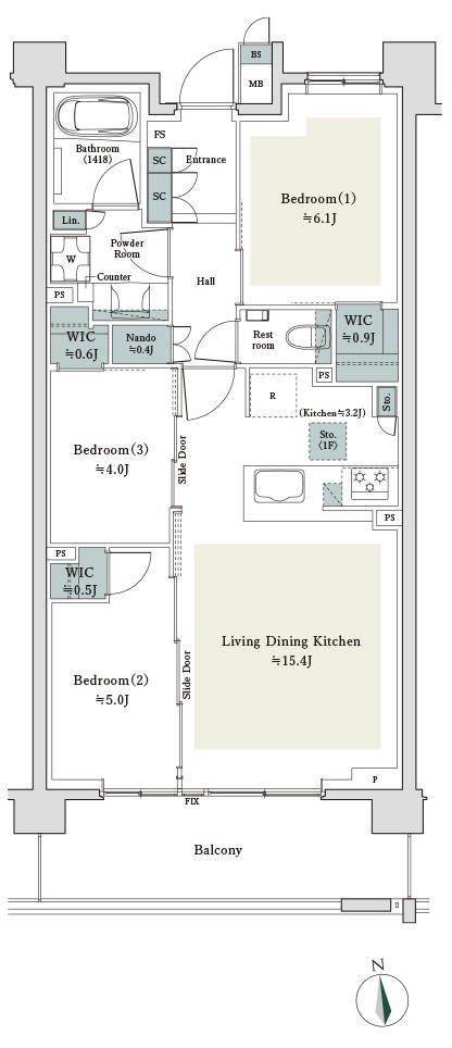 リーフィアレジデンス練馬中村橋の間取り図　F：3LDK+3WIC+N+SC+FS