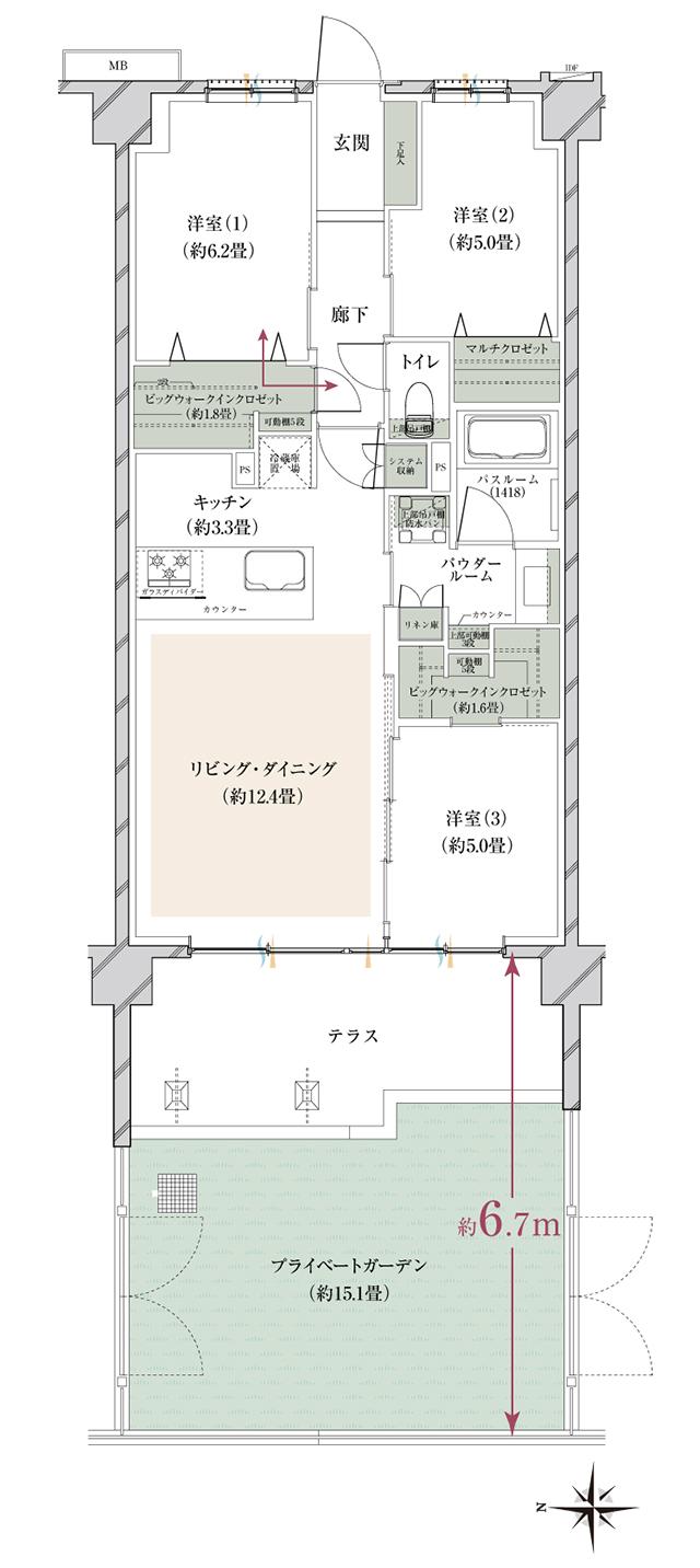 ヴェレーナグラン府中美好の間取り図　ADg：3LDK+T+PG+2BW