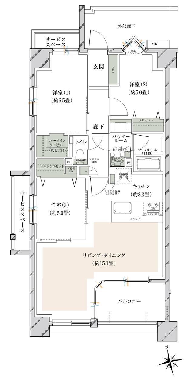 ヴェレーナグラン府中美好の間取り図　BA：3LDK+W