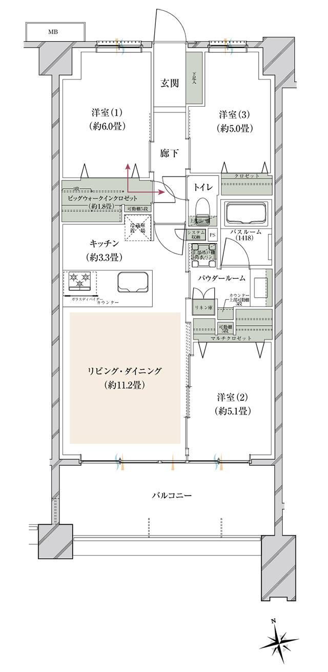 ヴェレーナグラン府中美好の間取り図　BC：3LDK+BW